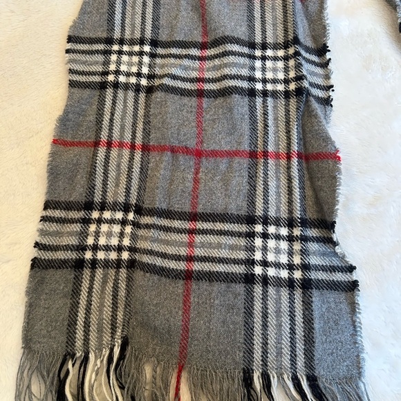 Gray Plaid Scarf with Red and White Accents - Picture 2 of 2